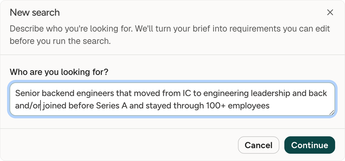 The new-search dialog, with a brief being typed into it